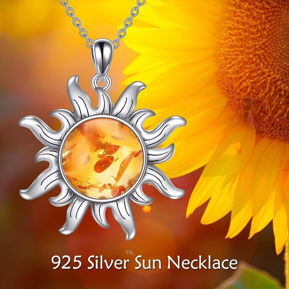Sterling Silver Amber Sun Necklace for Women 13mm Protecting Jewelry Gift - Picture 6 of 7